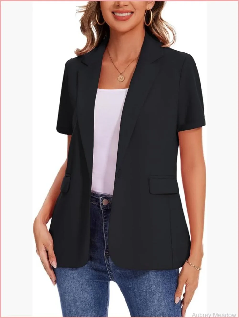Short Sleeve Blazer Women One Button Lapel Casual Work Office Jacket Suit